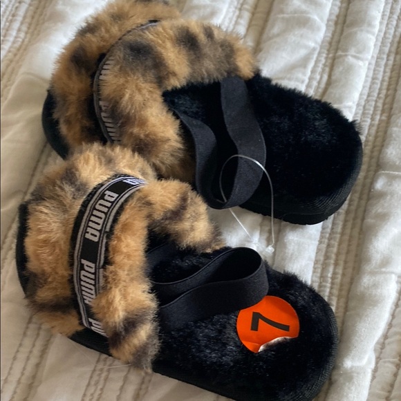 Puma Black and Brown Furry Slides - Picture 3 of 4